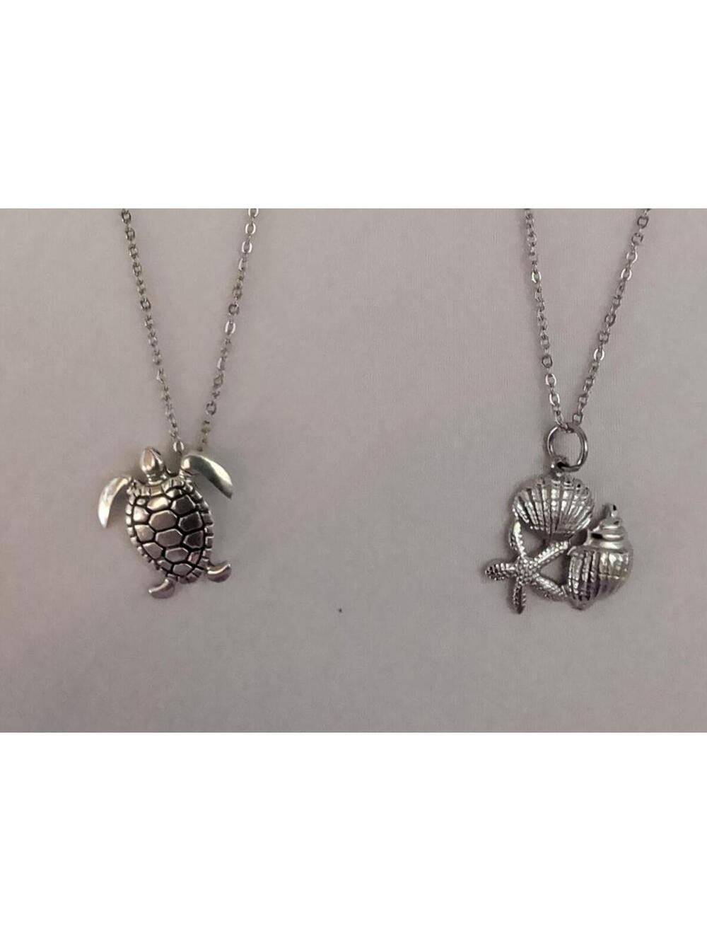 Silver Tone Turtle Pendant and Shell Pendant Necklaces Friends Gift Beach Ocean